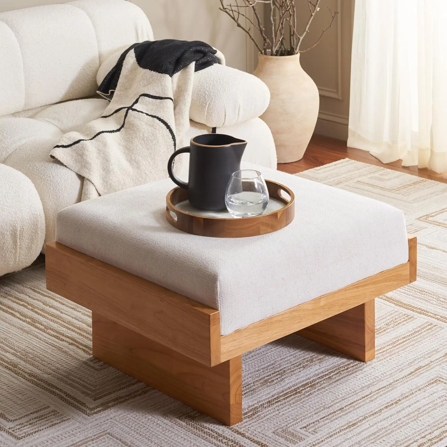 Cream Linen Solid Wood Ottoman Foot Stool Table for Living Room Bedroom, Customized