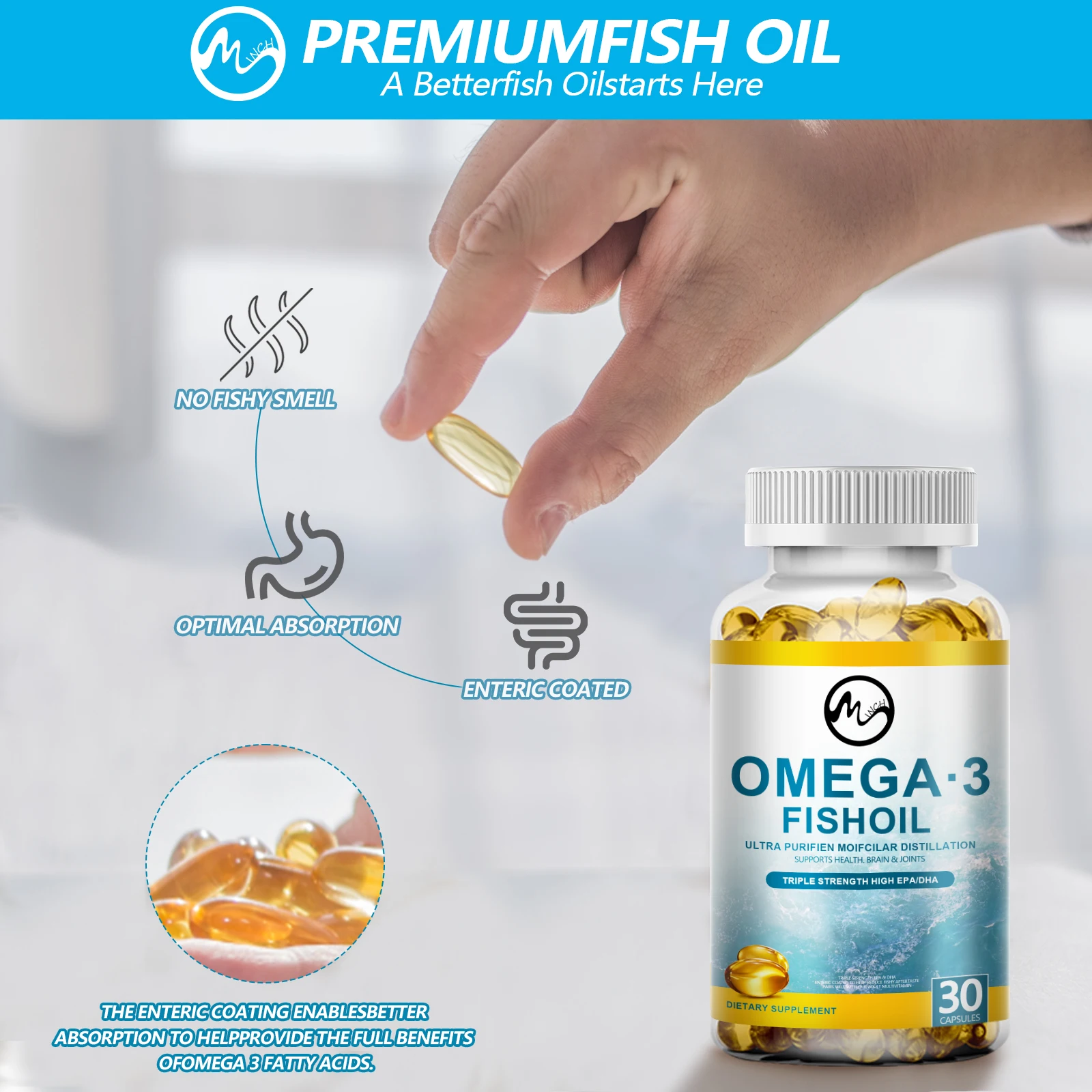 Minch Omega 3 Fish Oil Capsules Support Brain Nervous System Good Cardiovascular Anti-Inflammation & Skin Health Antioxidant