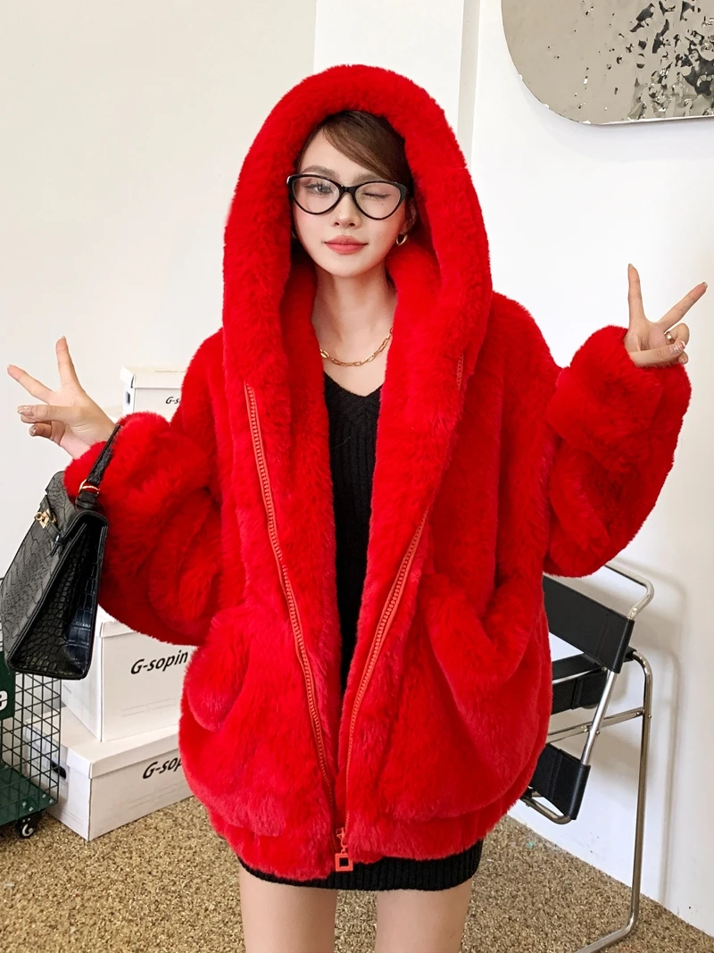 Young Female Fashion Chinese Red Faux Fur Coat Hooded New Year zipper Jacket Lady Outerwear Women\'s Winter Coats Promotion