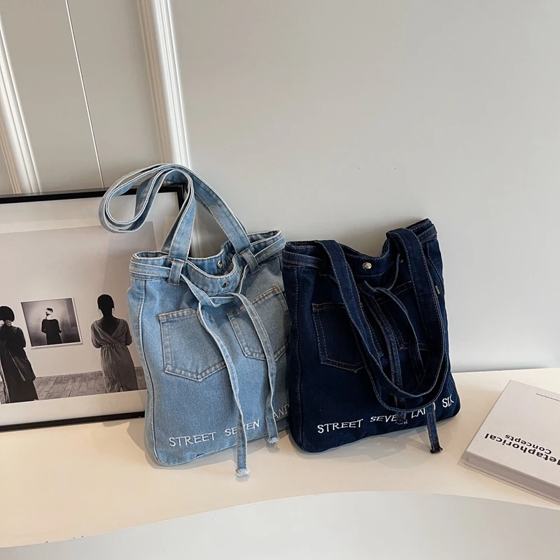 Women\'s Bag Casual Denim Cloth Women Bucket Shoulder Bags Girl Blue New Fashion Shoulder Bag Small Casual Tote Bags Lady Purse