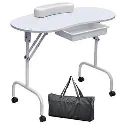 Folding Manicure Table Nail Beautician Desk with Lockable Wheels & Bag Beauty Salon Furniture