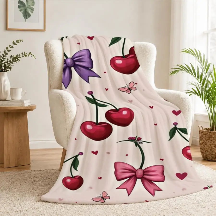 Whimsical Cherry And Bow Flannel Throw Blanket - Soft Pastel Love Design with Butterflies, Warm Cozy Decor for Couch, Bed & Office, Ideal Romantic Gift for Family And Friends 2D Flat Weighted Blanket 280GS