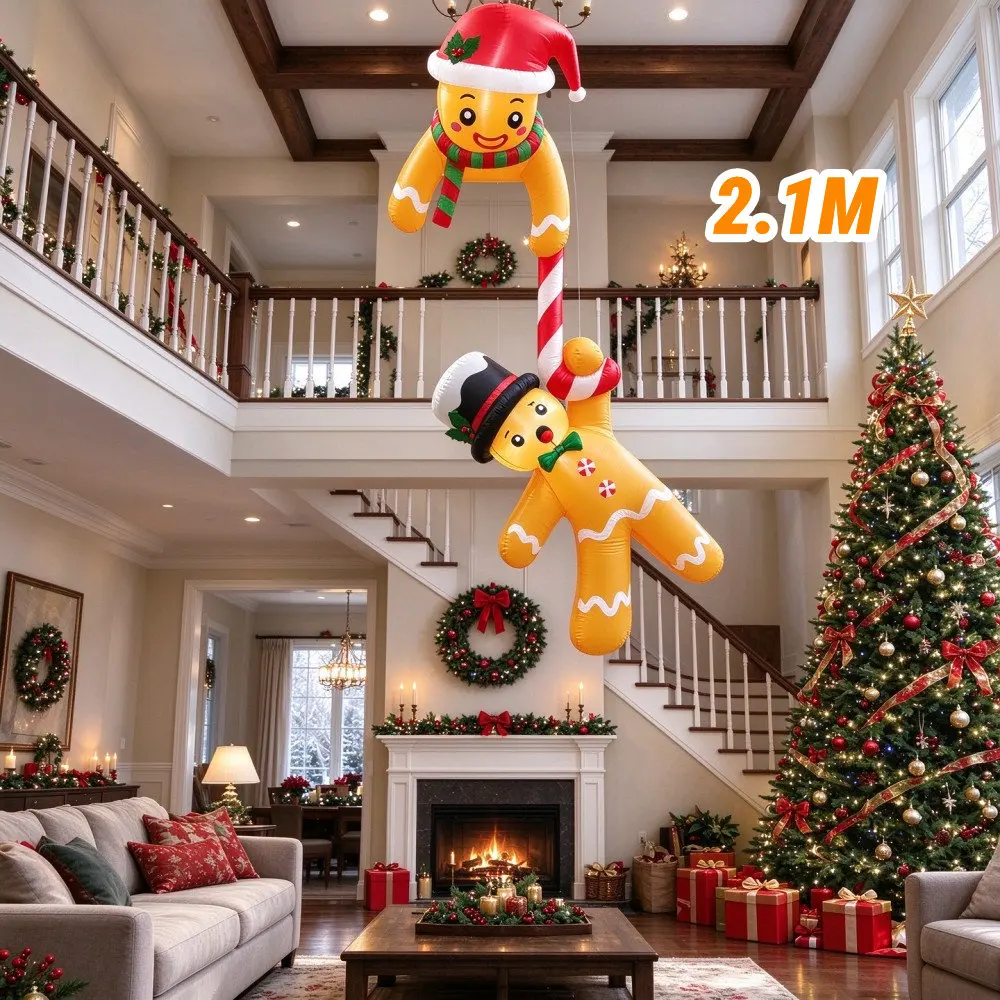 Christmas 2.1M Suspended Inflatable Christmas Hat Gingerbread Man Built-in LED Lights Indoor Outdoor Courtyard Window Decoration