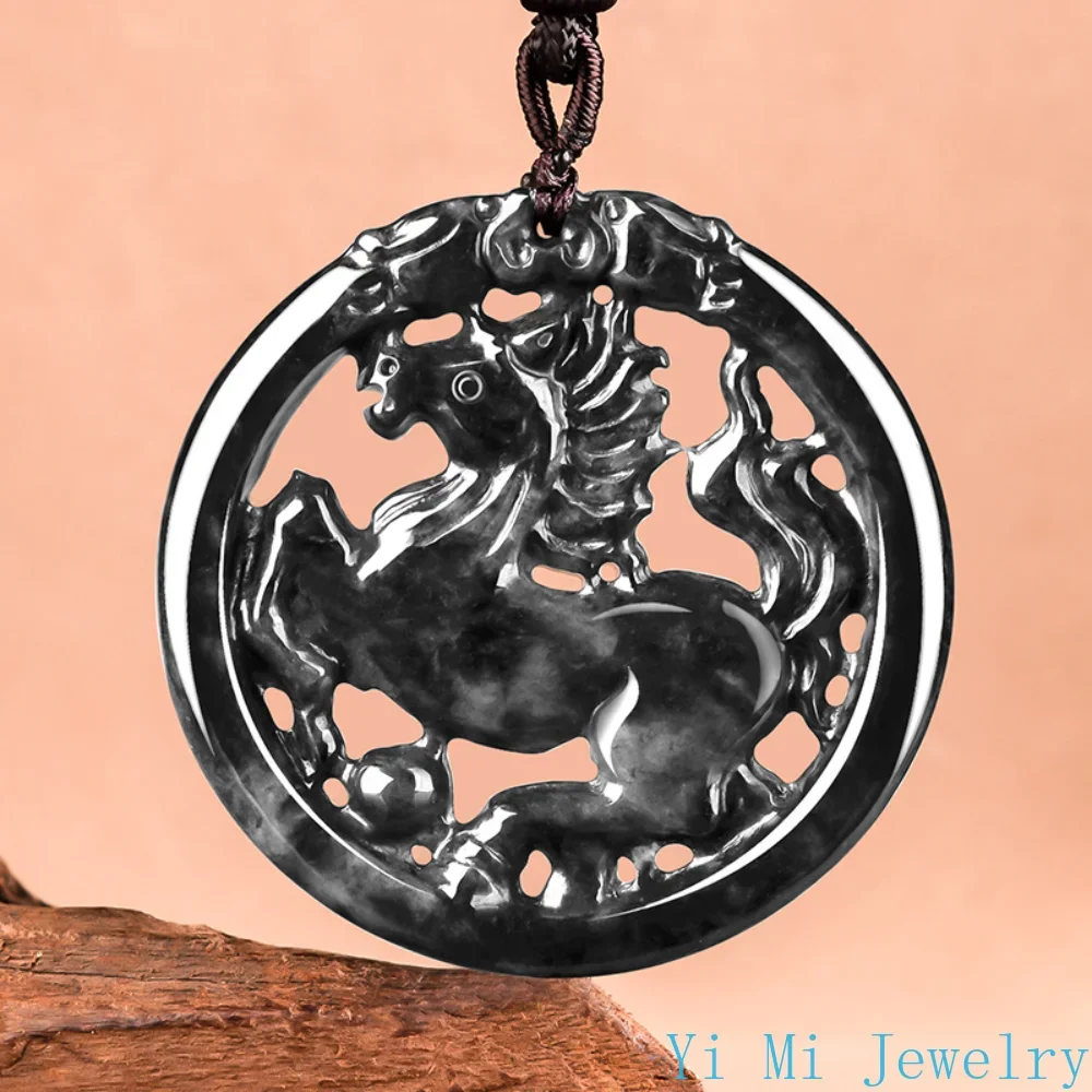 

Natural Myanmar A-grade Jade Pendant Ma Brand Black Chicken Seed Jade Pendant Zodiac Horse Male and Female Jade Necklace