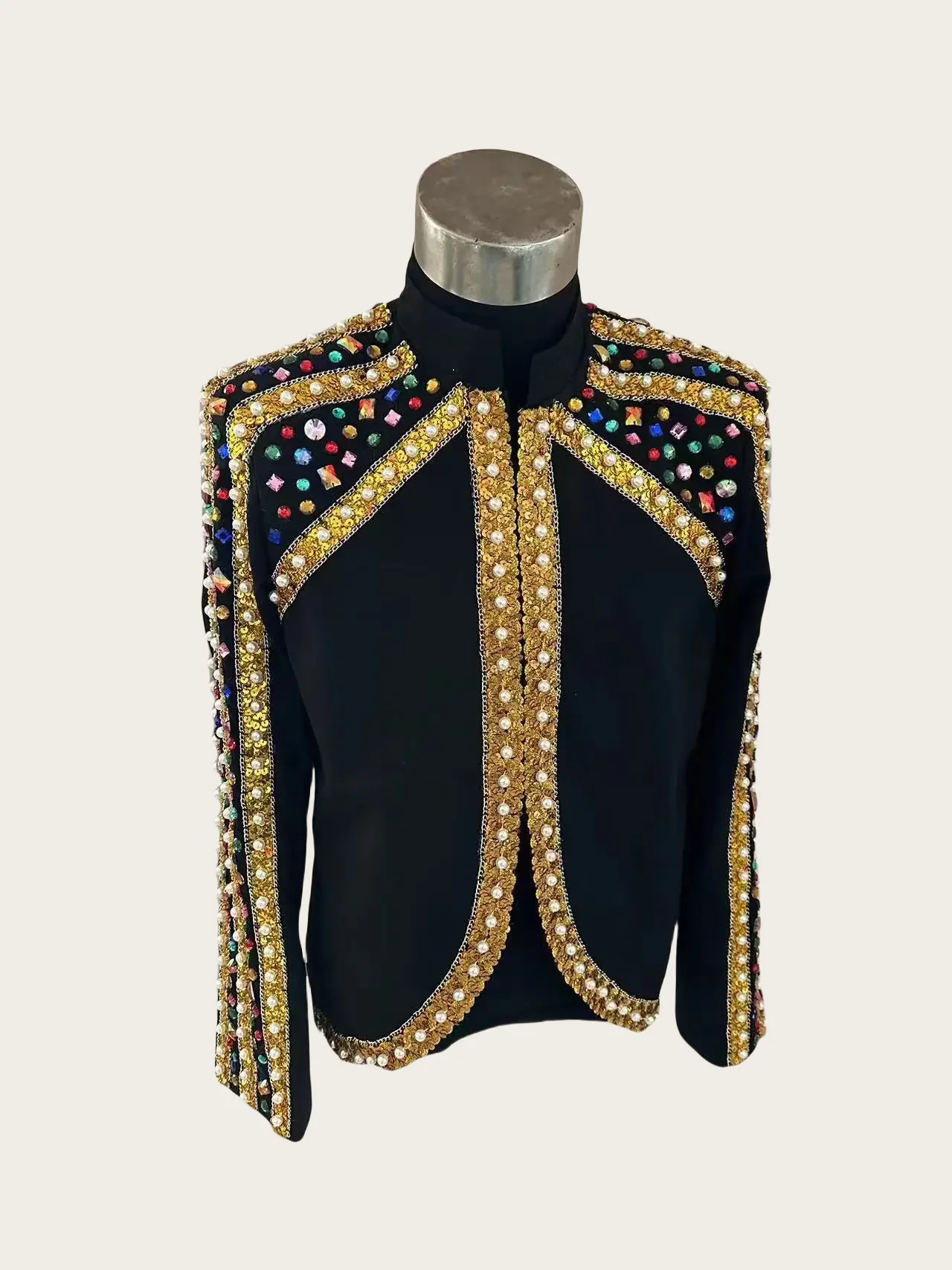 Pure Handmade Men's Colorful Rhinstone Beads Suit Jacket Stage Show Performance Wear Bar Singer DJ Host Chorus Dress