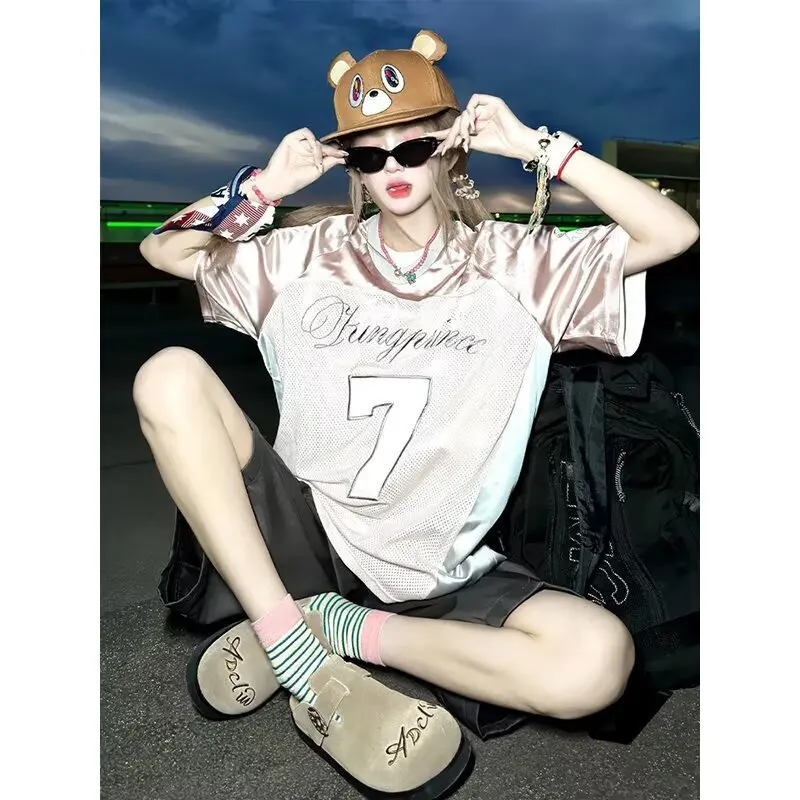 

2026 New Embroidery Patch Mesh Jersey Short Sleeve T shirt Unisex Retro Loose Casual Summer Sports Daily Tops