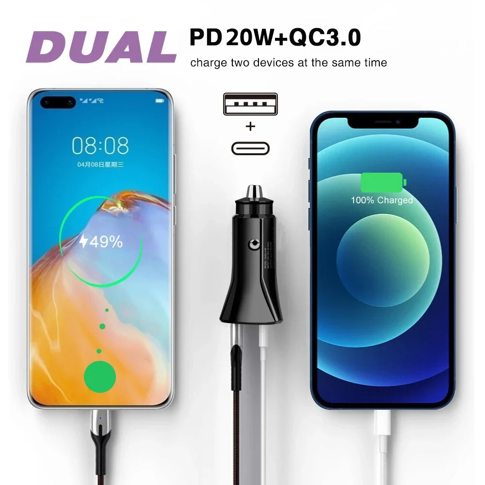 PD 20W USB Type-C Car Charger Dual interface Fast Charge QC3.0 AFC Maximum Power 38W For iPhone 13/12 Xiaomi Mobile Phone