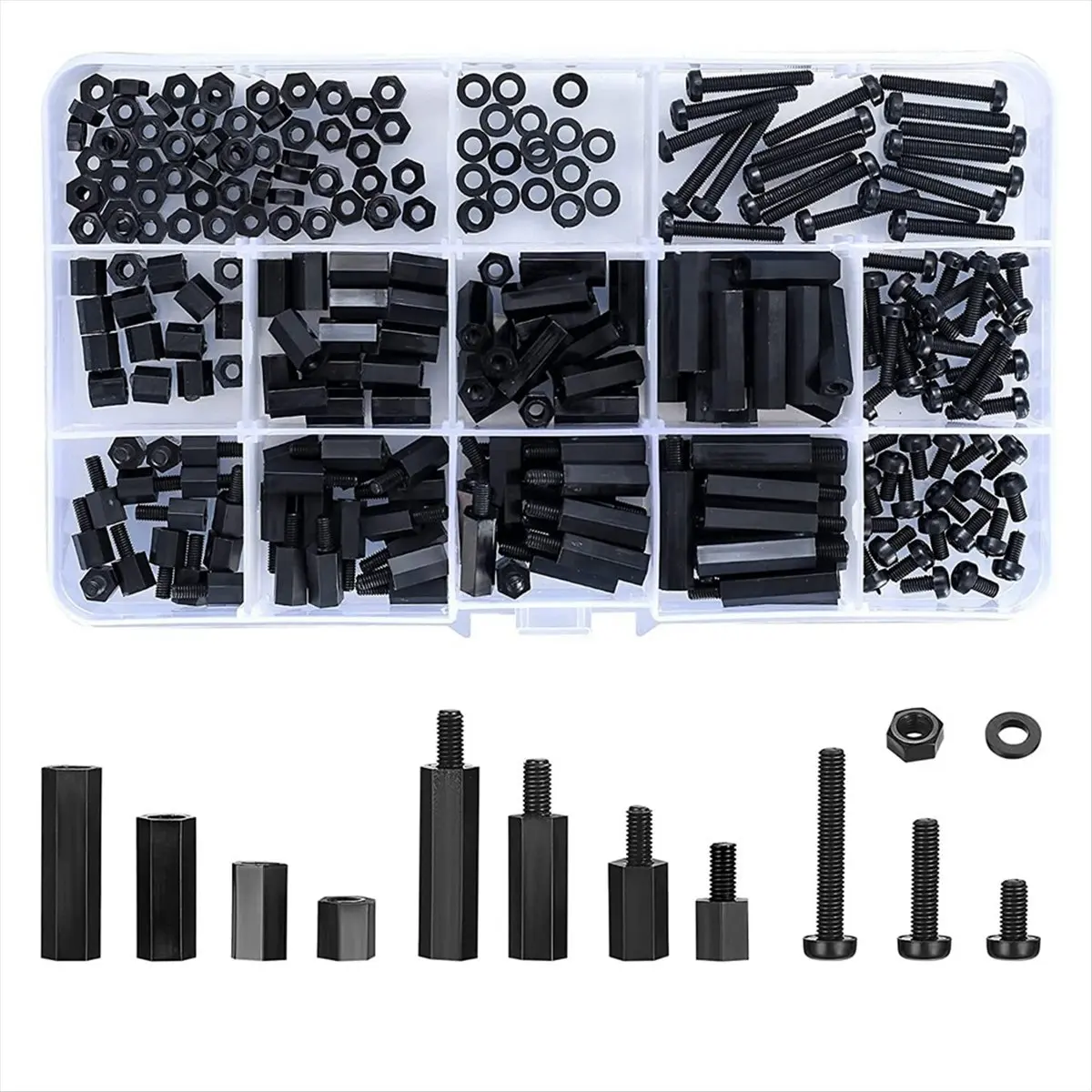 AT16 260 Pcs M3 Male Female Nylon Hex Spacer Standoffs Screws Nuts, Nylon Hex Threaded Pillar Spacer - Black