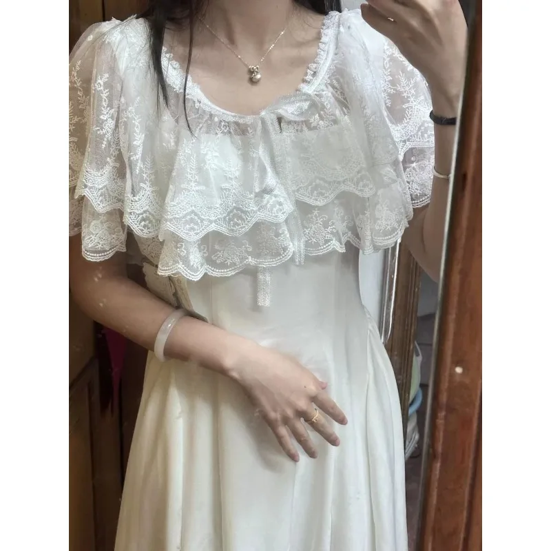 Blouse Cape Shawl Women's Lace Sweet Japanese Style White Layered Embroidery Tie-Front New Comfortable Versatile Premium Elegant