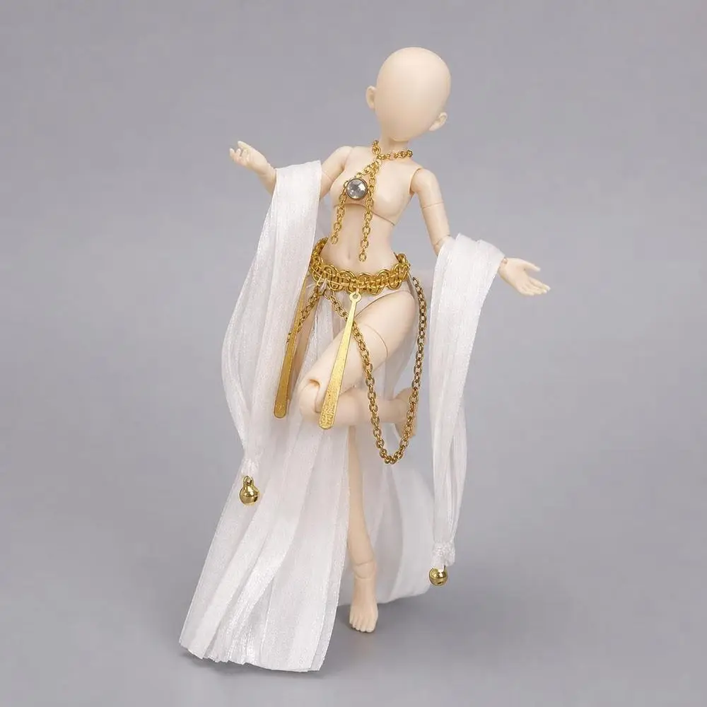 Fabric Doll Clothing Set Metal Chain Accents White and Gold Doll Princess Outfit Pleated Skirt Draped Sleeve Style