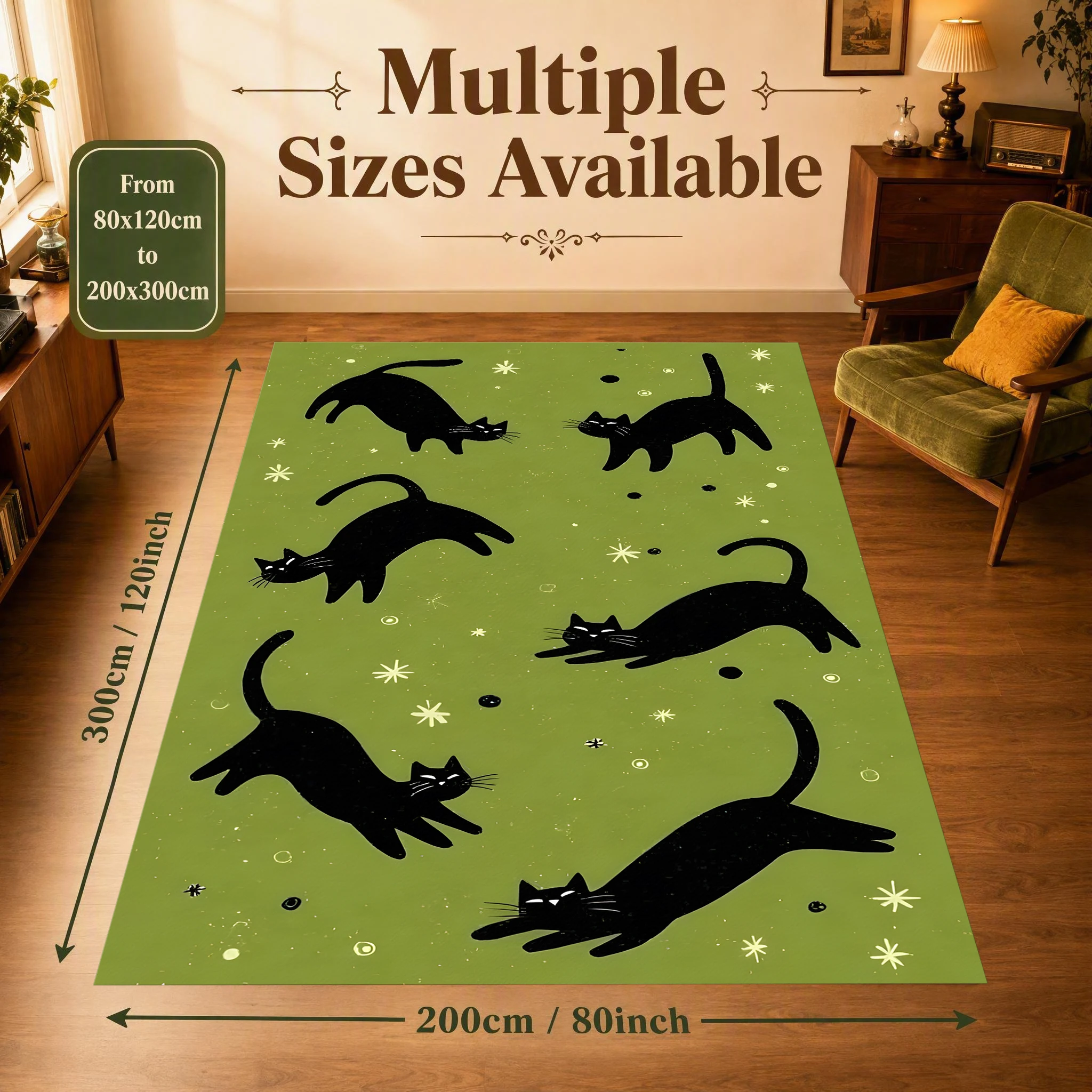 2D Large Carpet Matcha Green Playful Black Cat Star Cute Soothing for Living Room Bedroom Bedside