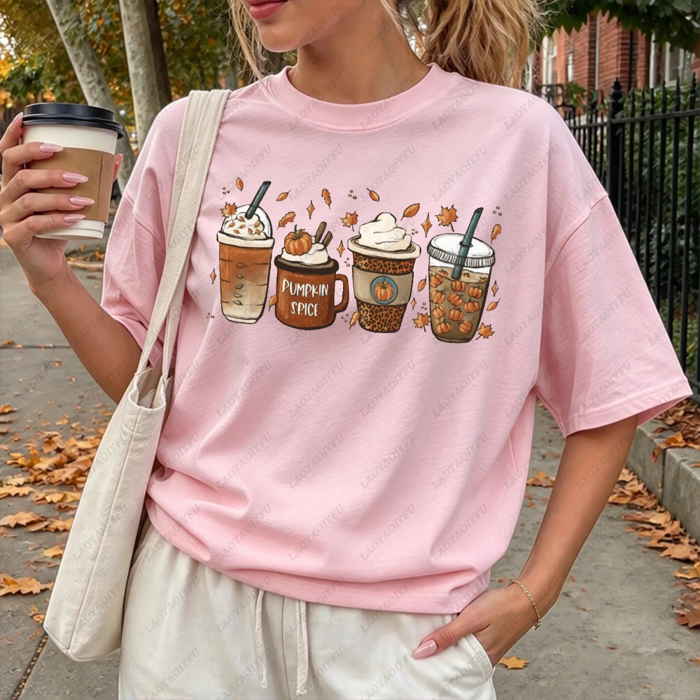Pumpkin Spice Coffee Latte Fall Drinks Graphic Women Casual Cotton T-Shirt Leopard Print Autumn Beverage Coffee Women Clothes