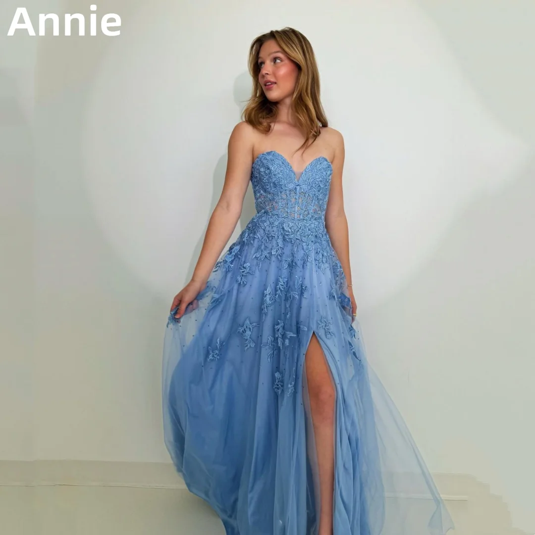 

Annie Lace Embroidery Prom Dresses Sexy Strapless Tulle Evening Dresses A-line Corset Party Dresses 2024Vestidos De Noche