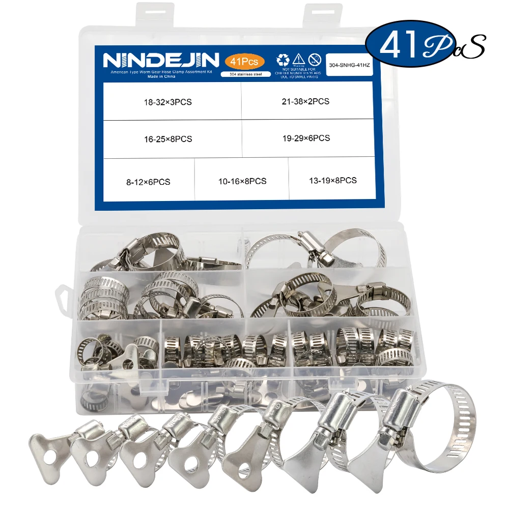 NINDEJIN 41Pcs Key Hose Clamp Kit Adjustable 8-38Mm Worm Gear Hose Clamp Clip Set For Water Pipe Plumbing Automotive Clamps