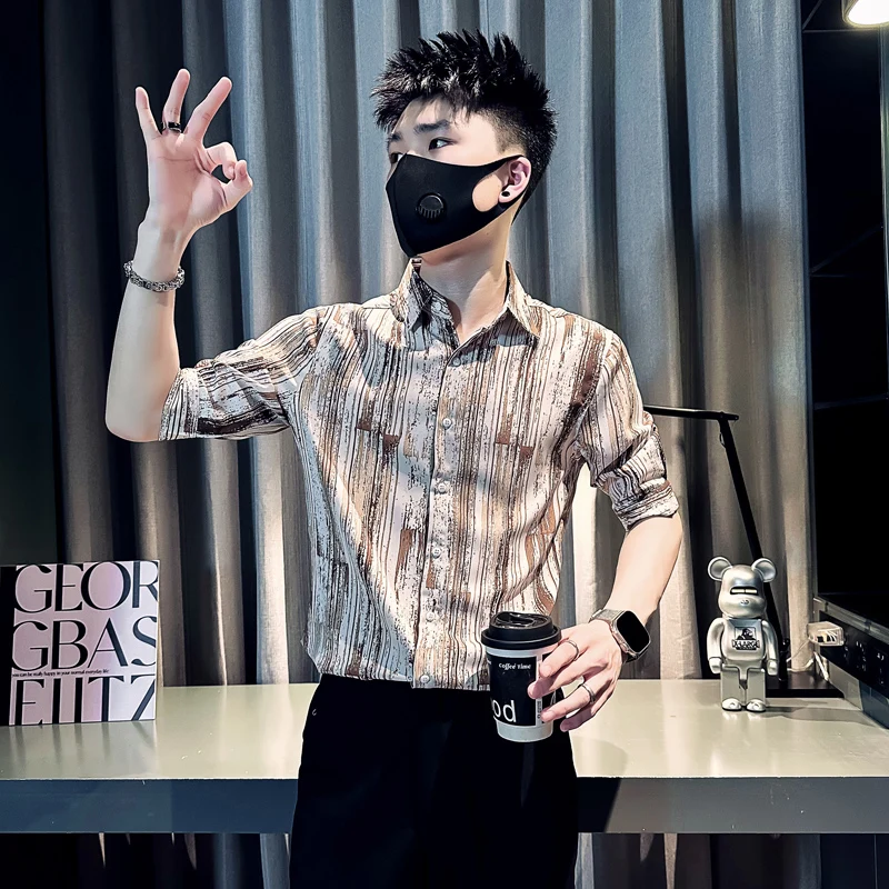 

Slim Fit Men's irt ort Sve Five Buttons Striped Casual irt Small Size S Versatile ort Stature Suitable Summer irt