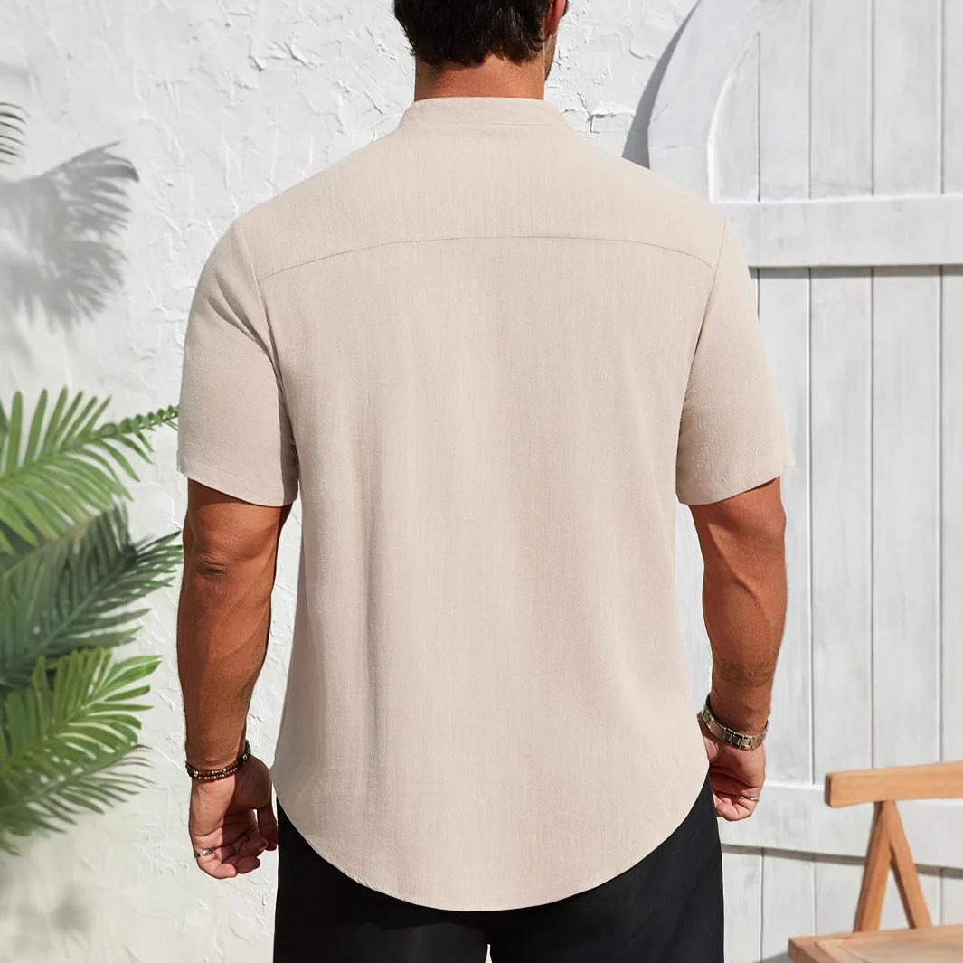 Summer Men Linen Short Sleeve Shirt Solid Stand Up Collar Casual Loose Top Outdoor Beach Vacation Daily Wear Men's Social Shirt