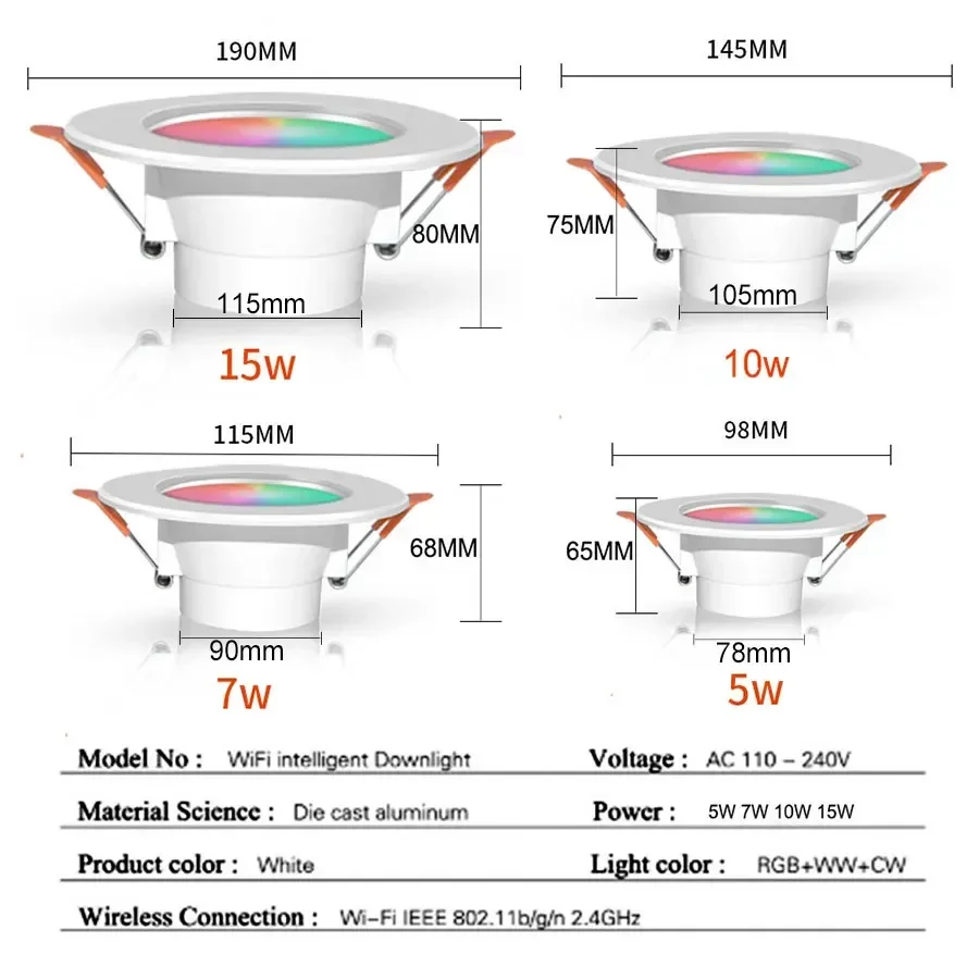 Zigbee-丸い調光可能なLEDダウンライト,色の変更,Wi-Fi, Alexa, Google Home,音声制御,5W, 7W, 10W, 15W