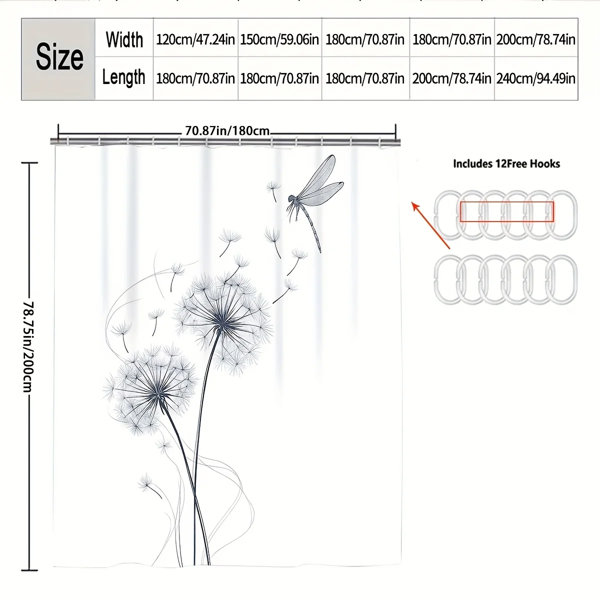 1pc Simple and Fresh Style Dandelion and Dragonfly Pattern Printed Shower Curtain, 120*180cm, 150*180cm, 180*180cm, 180*200cm, 2