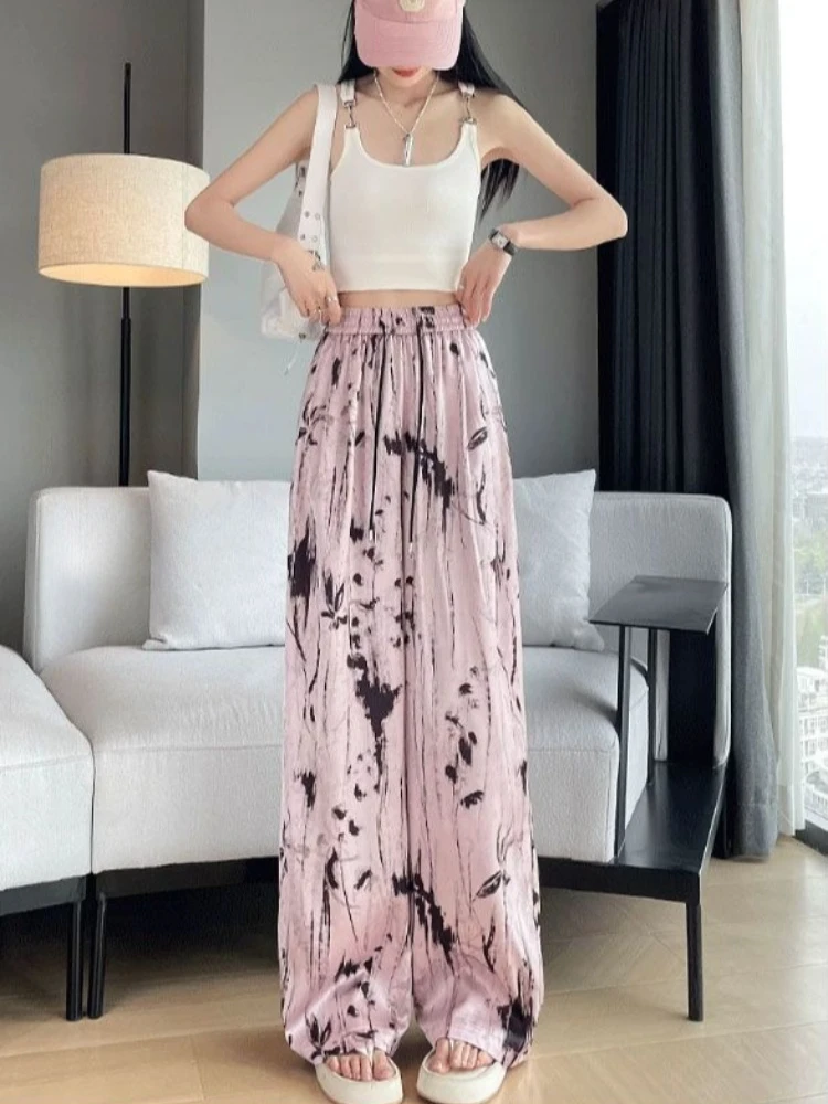 

Elegant Chinese Ink Print Summer Pants for Women Flowy Wide Leg High Waist Soft Ice Silk Lounge Straight Floor Length Trousers