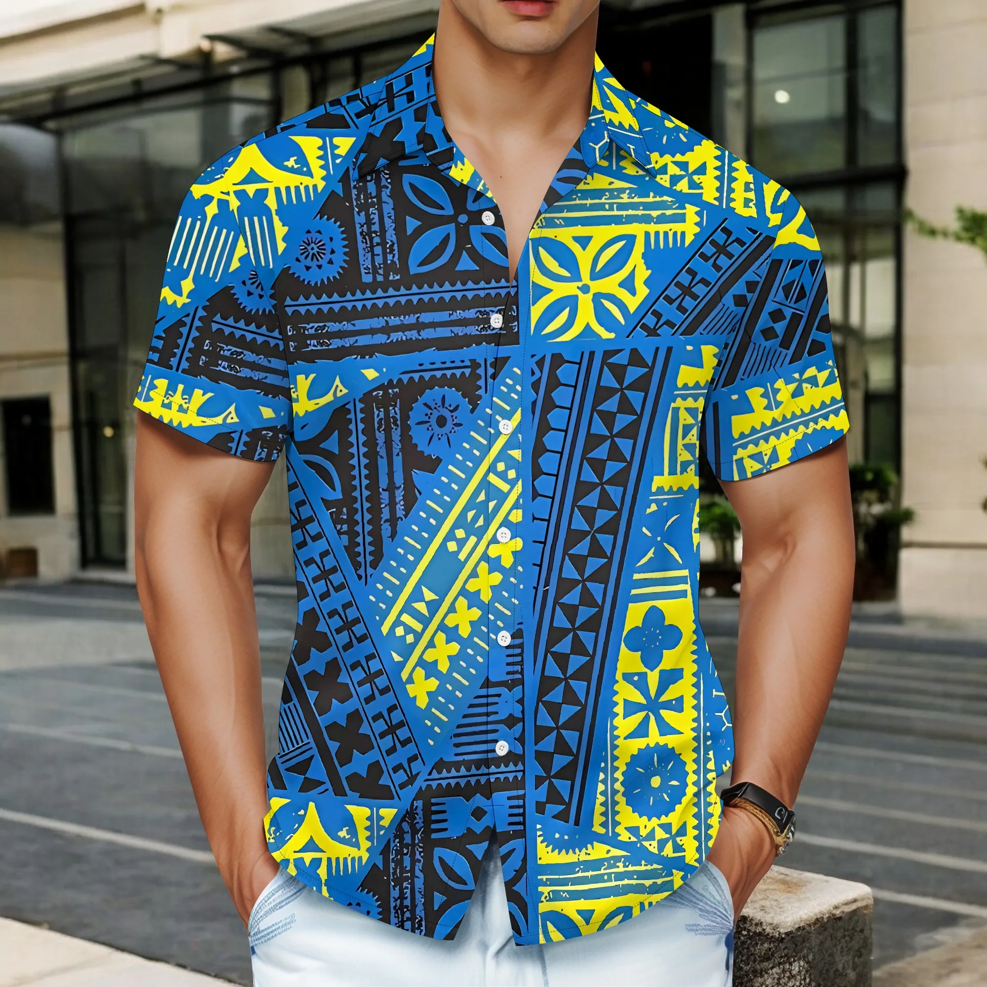

YEAE Blue Yellow Tribal Pattern Print Shirt for Men Summer Casual Short Sleeve Top