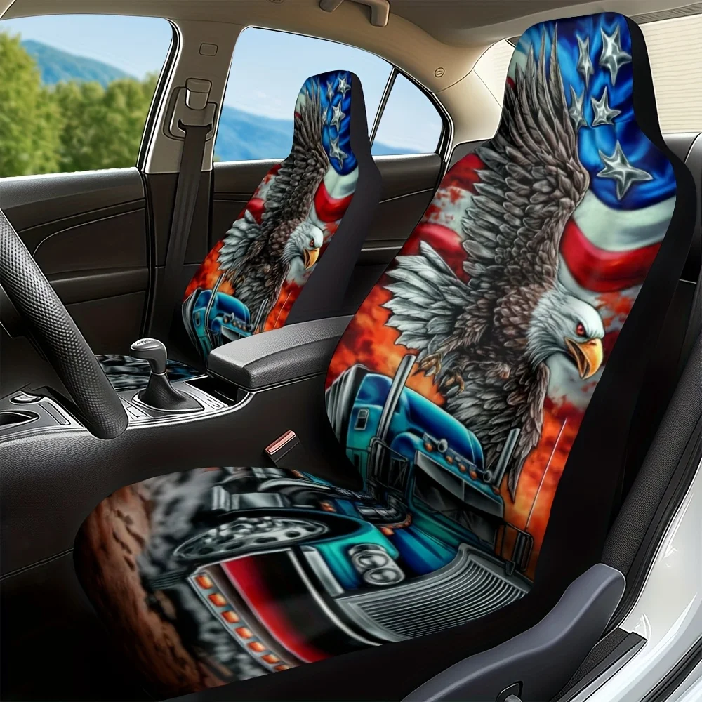 2pcs Patriotic Eagle & Leopard Print Car Seat Covers - Durable Polyester, Machine Washable, Fit For Cars, SUVs, Trucks - Vibrant