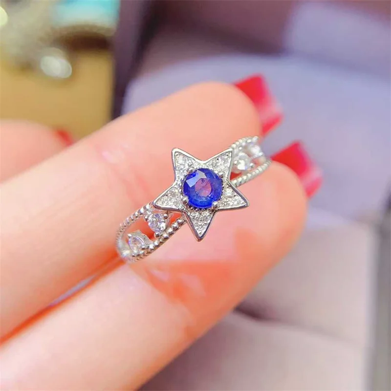 

Natural Gemstone Sapphire Wedding Ring Star Shape 925 Sterling Silver Fine Women Girl Lady with Certificate Jewelry Gift