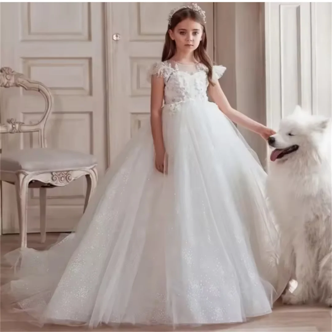 

Tulle Flower Girl Dresses Birthday Party Banquet Gowns White Flower Pattern Appliques With Trailing Short Sleeve For Wedding