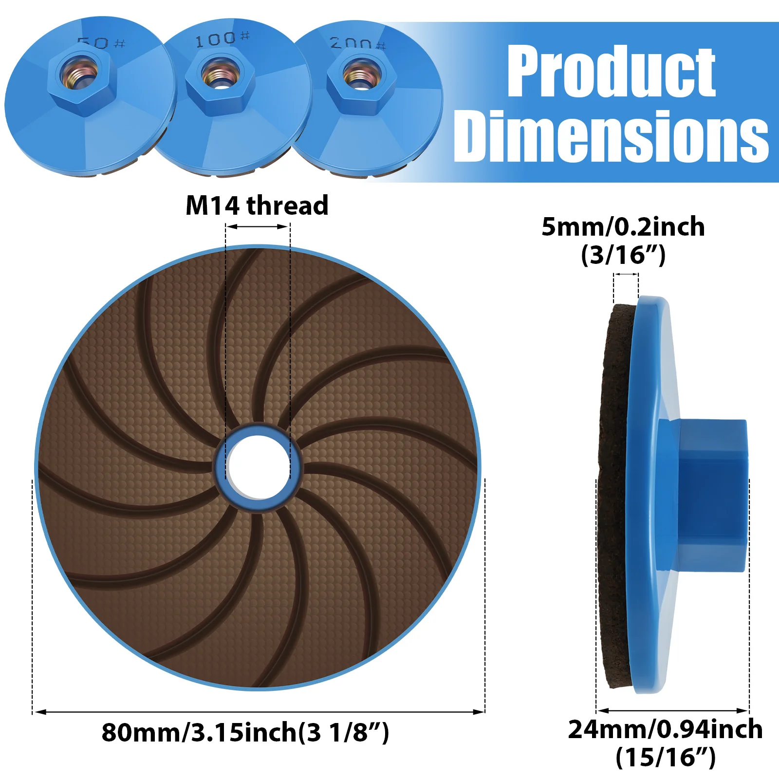3Pcs Diamond Polishing Pads Set M14 Thread Dry Wet Grinding Disc 50 100 200 Grit for Granite Marble Tile Concrete Angle Grinder