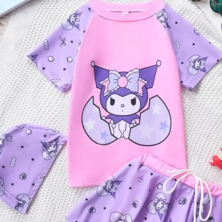 

Kawaii Sanrio Girls' New Swimsuit Set Kuromi Children Cartoon Anime Fashion Quick Dry Soft Breathabl Cartoon Short Sleeve Skirt