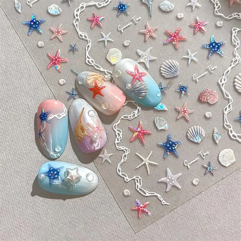 1Sheet 5D Summer Seashell Nail Sticker Shiny Embossed Starfish Nails Stickers Summer Beach Sea Conch Nail Decals Decoration