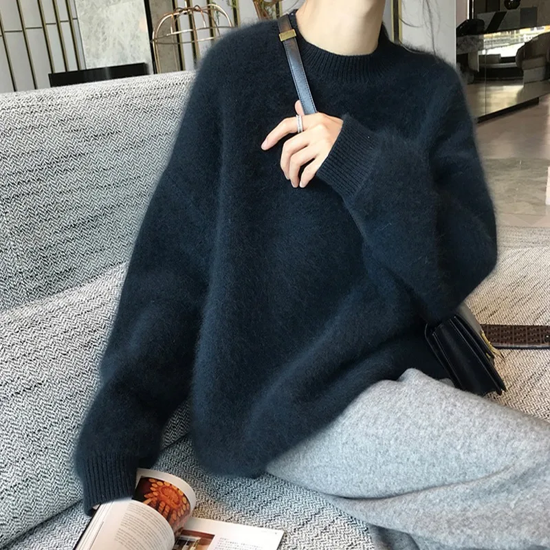 

2023 New Winter Autumn Mohair Knitted Thick Soft Sweaters V Neck Women Imitation Mink Loose Casual Warm Pullover Jumpe