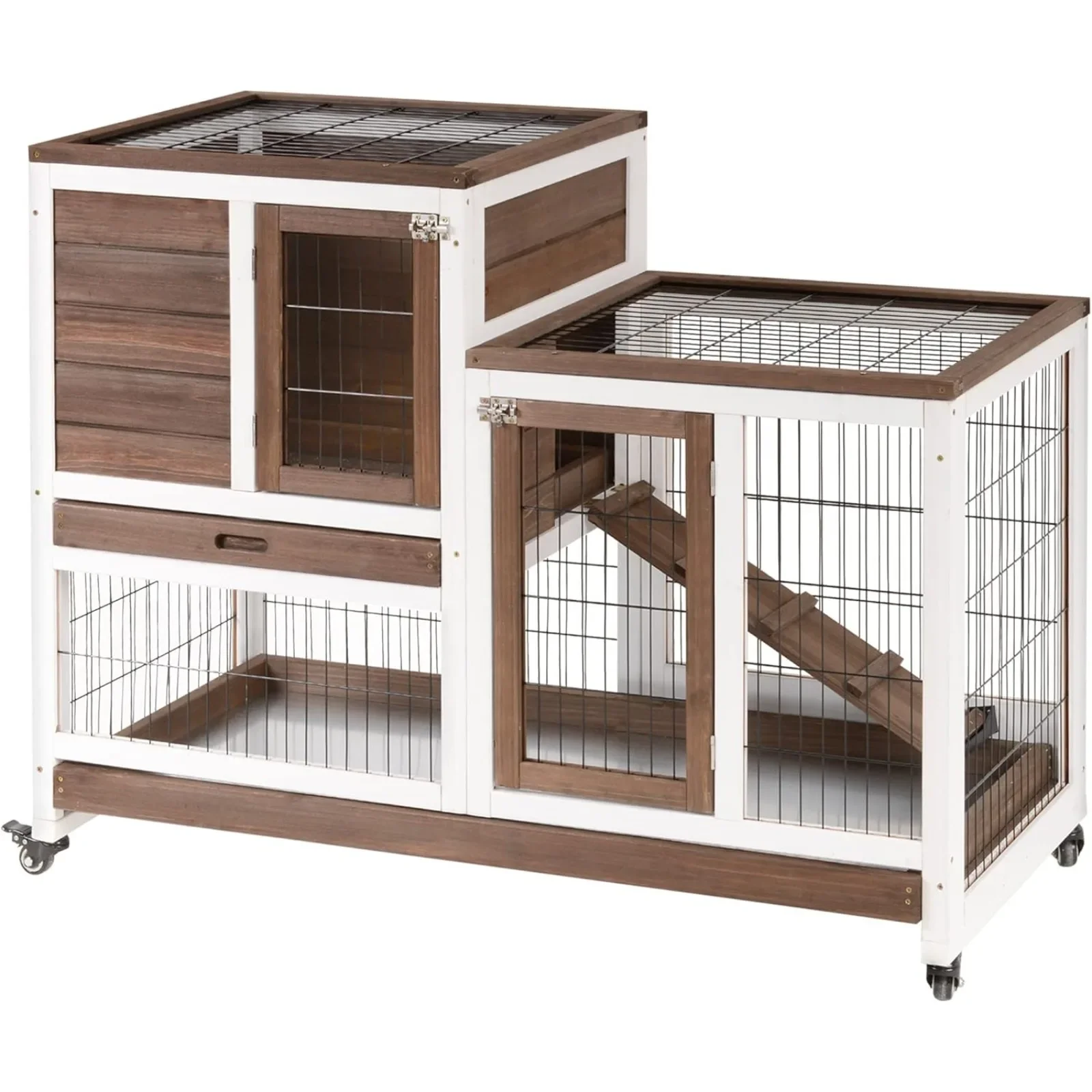 US Wooden Rabbit Hutch, Elevated Bunny Cage, Indoor Small Animal Habitat with Enclosed Run with Wheels, Ramp, Removable