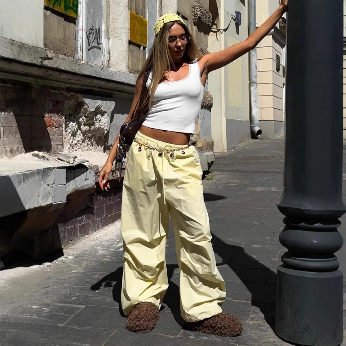 

Low Waist Dstring Loose Pure Cotton Casual Wide Leg Pants Women's Yellow Spring Autumn Trousers Straight Cut Leisure Wear