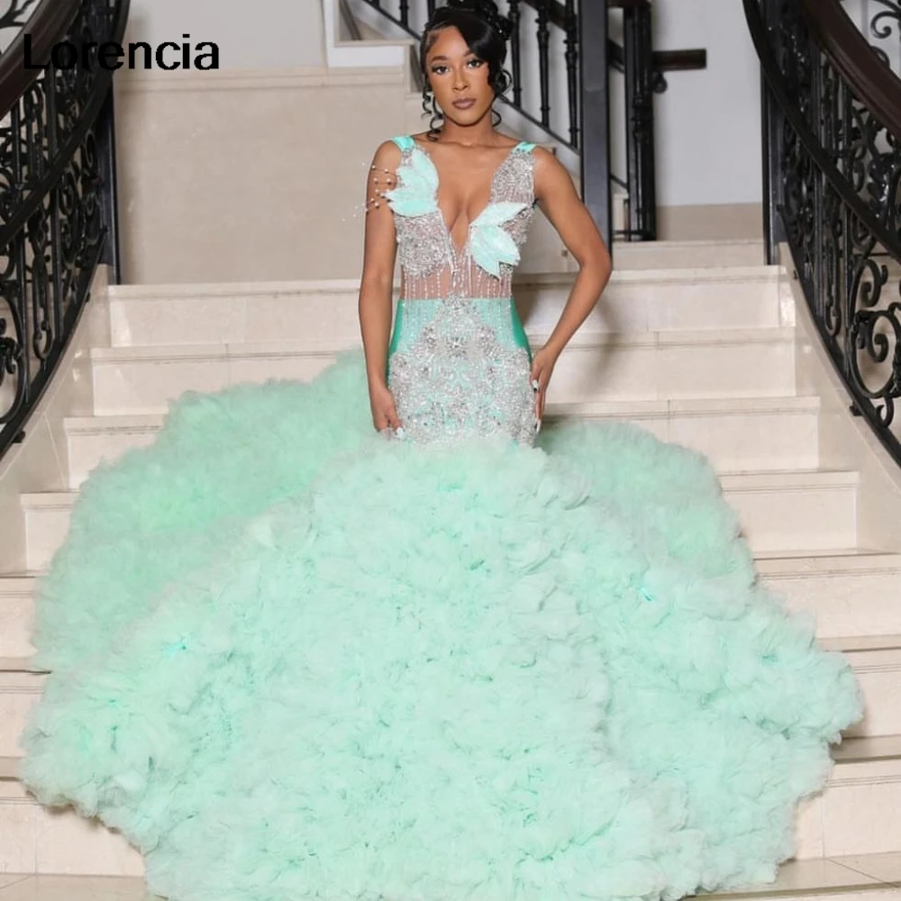 Customized Mint Green Ruffles Mermaid Prom Dress Silver Beaded Rhinestone For Black Girls Birthday Party Gala Gown YPD172