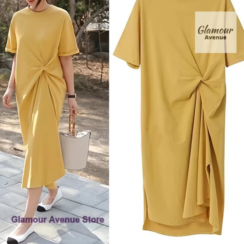 French style fashion casual niche dress female summer new loose solid color high sense temperament Joker long T-shirt skirt.