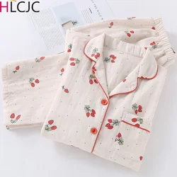 Women Cotton Double Layer Gauze Pajamas Set Autumn Long Sleeve Soft Cardigan Sleepwear Strawberry Pyjamas Femme Home Nightwear ﻿