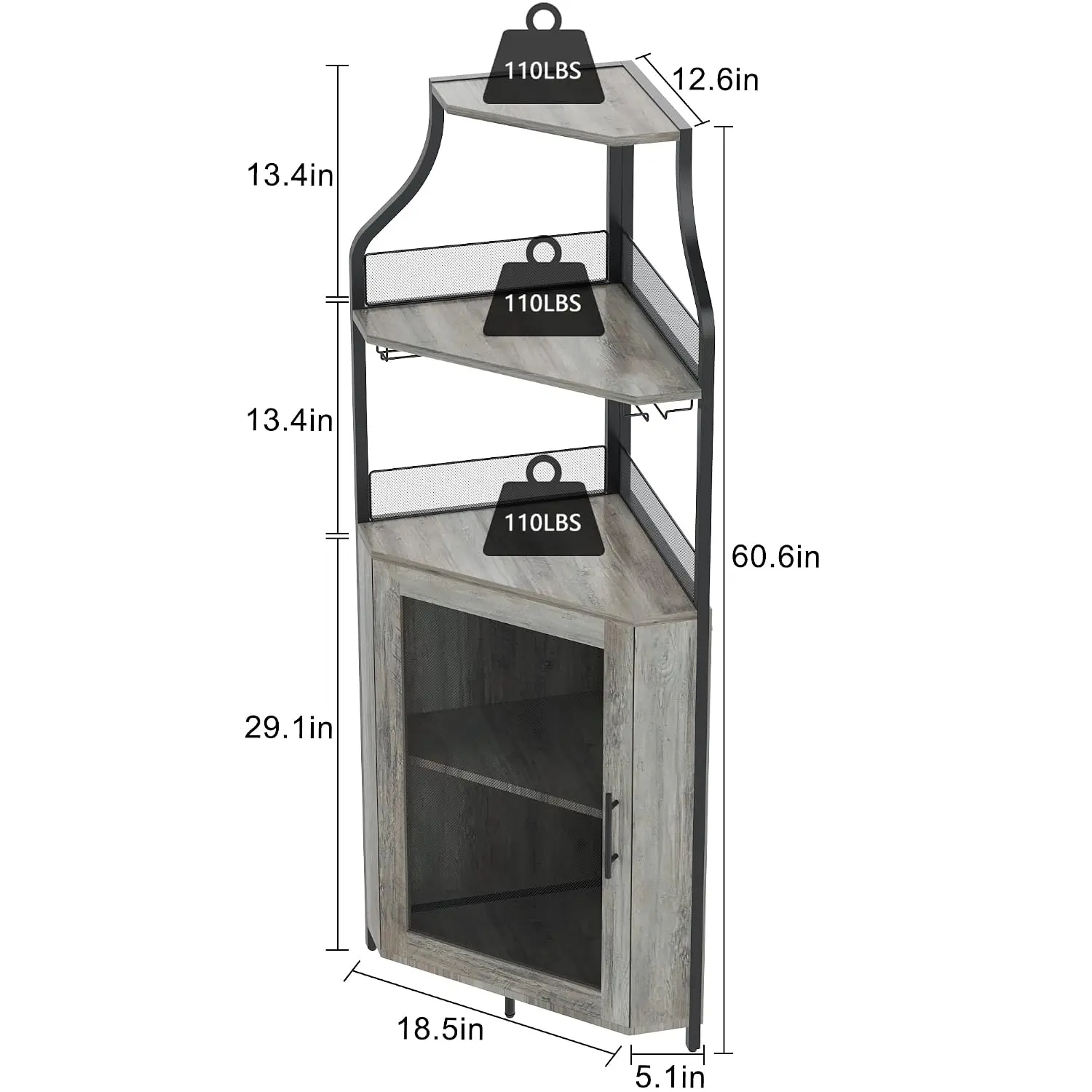 Corner Bar Cabinet with Detachable Wine Rack & Glass Holder, Industrial Sideboard with Mesh Door, Grey, Customized