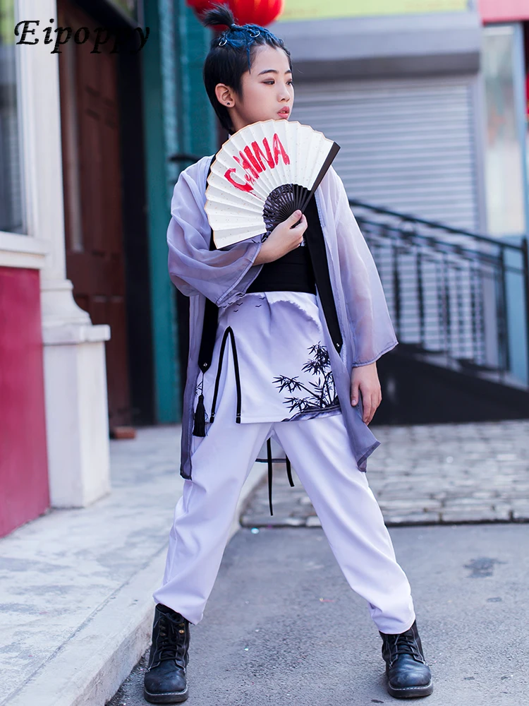 ชุดกี่เพ้าสูทสไตล์จีนพิมพ์ลายหมึกเครื่องแต่งกายแฟชั่นประจำชาติสำหรับเด็กผู้ชายและเด็กผู้หญิง