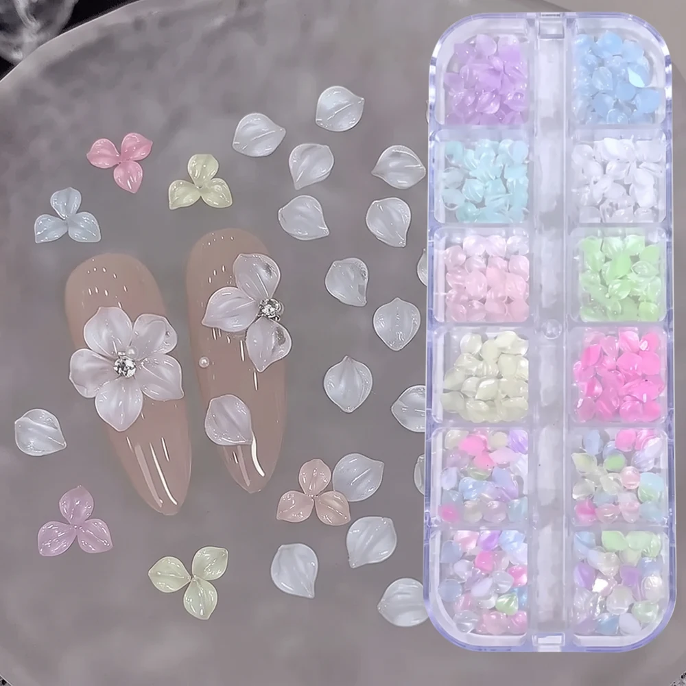 12Grids Macaron Resin Nail Petals 3D Gradient Translucent Acrylic Carving Floral Nail Charms For Summer DIY Nail Art Nail Supply