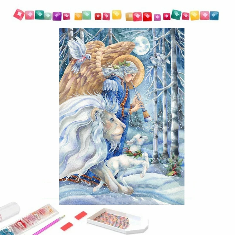 

Diy Herald of Peace 5d Diamond Painting Art Myths Fairy And Lion Dove Animal Cross Stitch Mosaic Home Decor