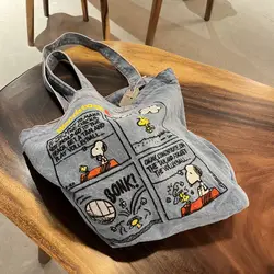 Snoopy anime peripheral cartoon embroidery shoulder bag retro all-match denim large capacity tote bag portable commuting bag