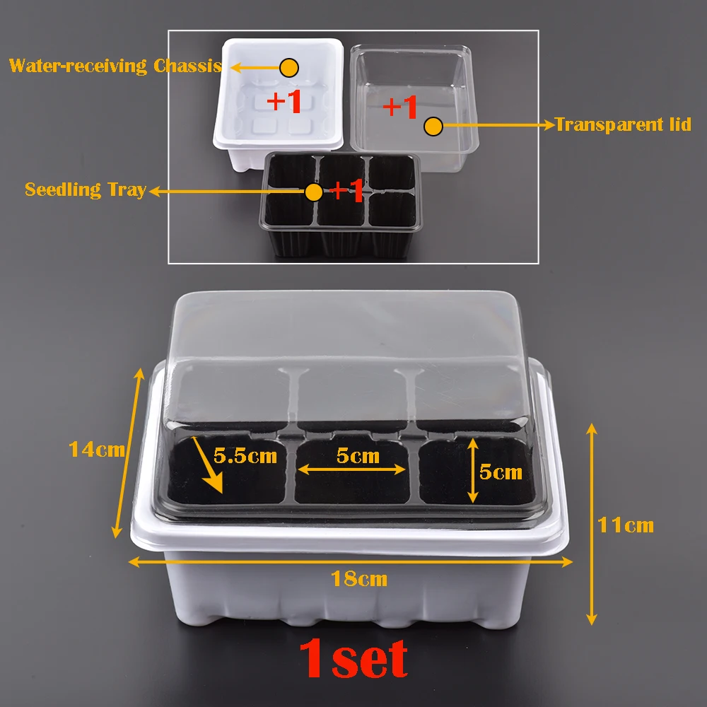 6/12 Cells Seedling Trays Germination Box with Cover for Greenhouse Plant Seed Starting Pot