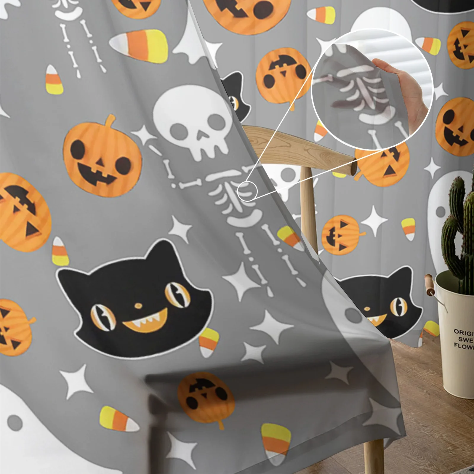 Imagem -04 - Sheer Tulle Window Curtain For Living Room Halloween Abóbora Doces Gato Preto Quarto Cozinha Cortinas de Véu