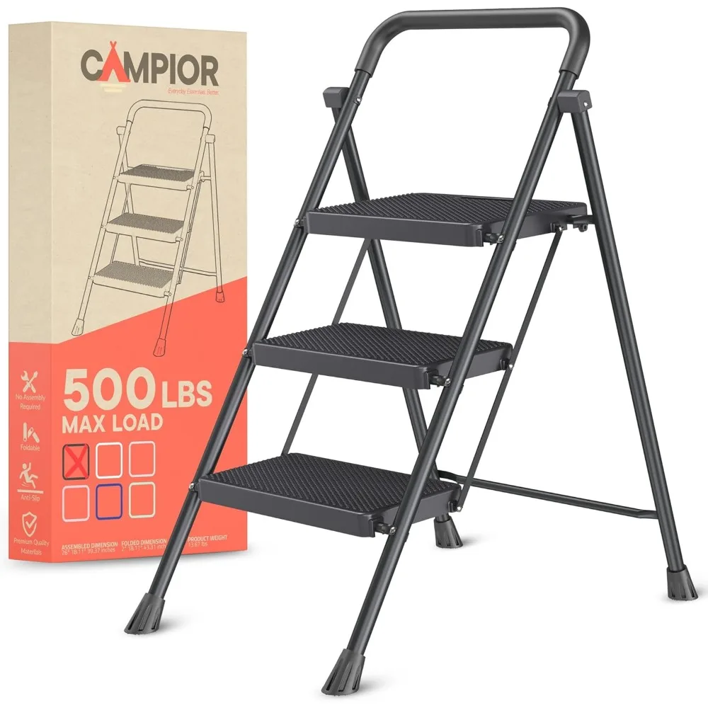 

Black 3 Step Stool Foldable – Heavy-Duty Foldable Step Stool for Adults, 500 lbs Capacity, Anti-Slip Feet & Wide Steps, Sturdy S