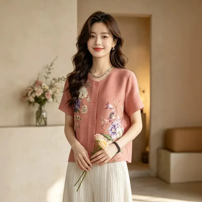 

Miyake Pleated Shirt Plisse Blouse Summer New Loose Plus Size Short Sleeve Cardigan 2026 Elegant New Fashion Commuter Versatile