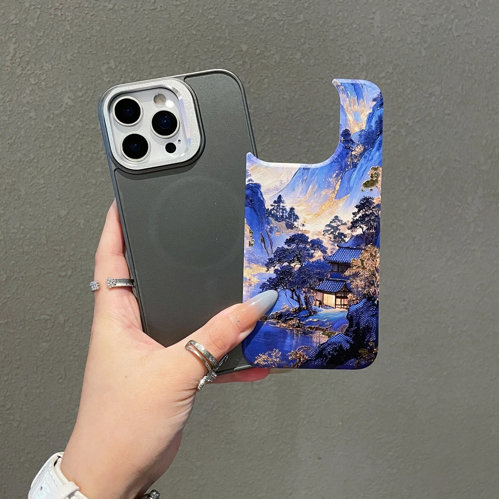 النفط اللوحة مذهب المشهد فناء الشاطئ مع حامل المغناطيسي غطاء الهاتف القضية آيفون 17 16 15 14 13 برو ماكس 17 الهواء #3