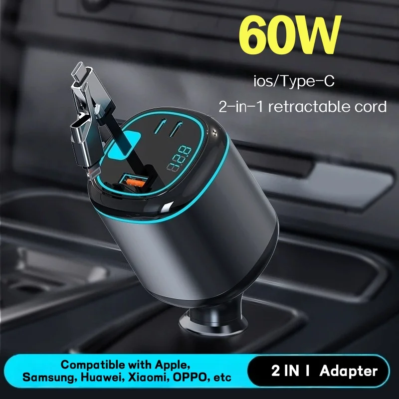 

60W Car Charger 2-in-1 USB Type C Retractable Cable for Apple Samsung Super Fast Charging Car Cigarette Lighter Adapter