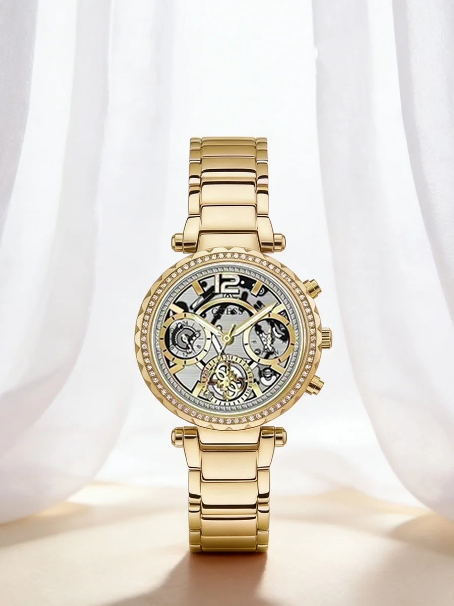 Reloj de Lujo GUESS GW0403L2 para Mujer, Reloj de Pulsera de Cuarzo con Esfera Hueca de Acero Dorado, Reloj Mujer