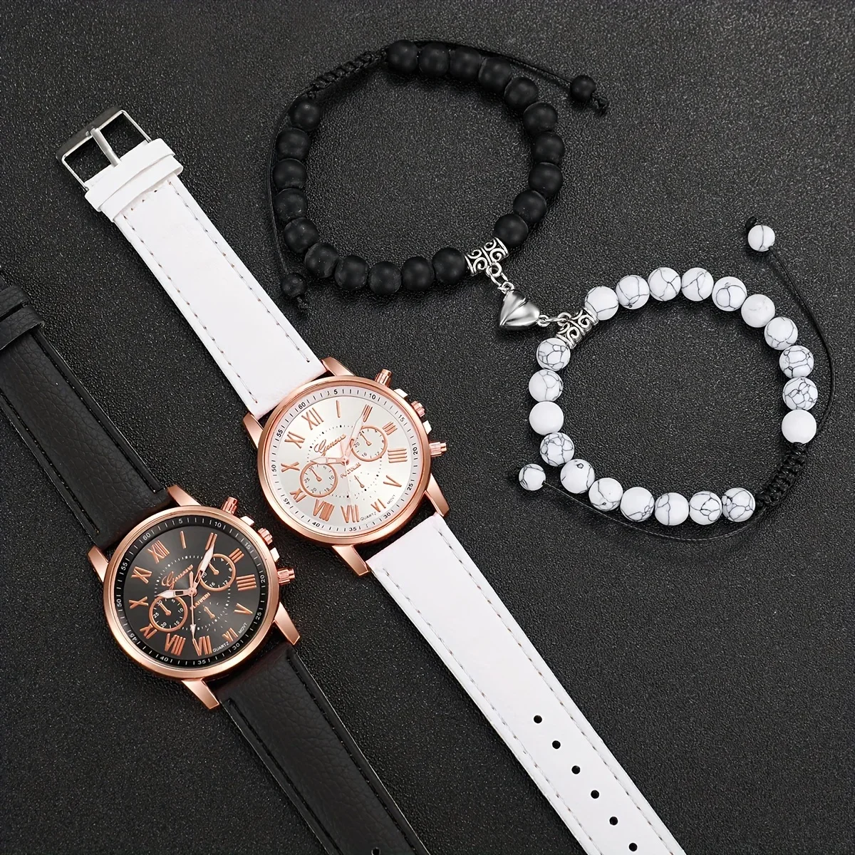 4pcs/set Casual Fashion Couple Quartz Watch Analog PU Leather Wrist Watch & Matching Heart Bracelets, Valentine\'s Day Gift