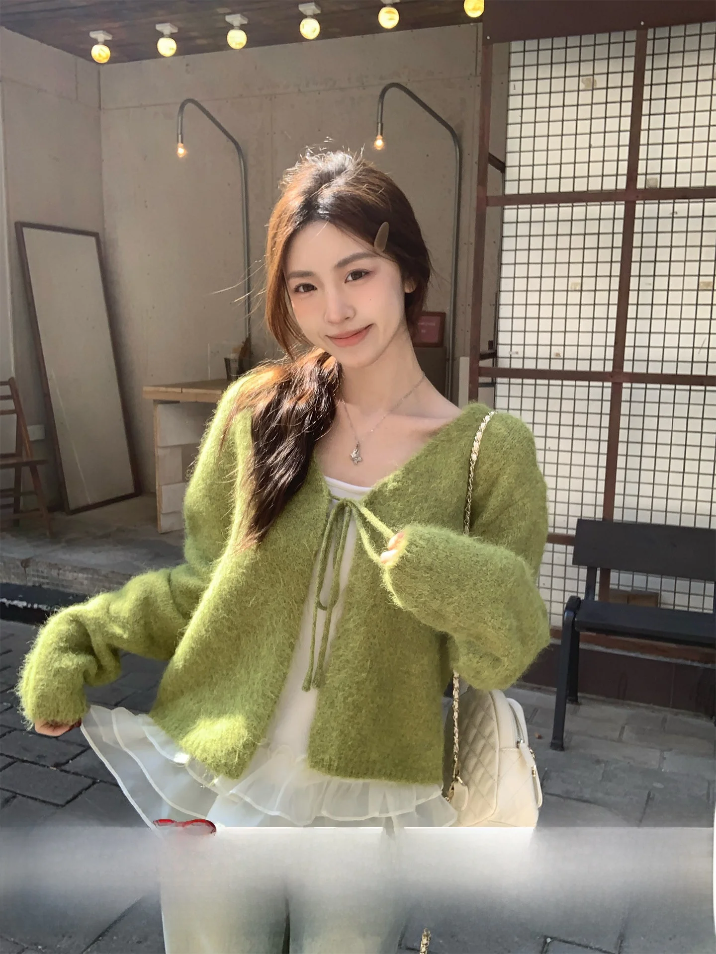 

Корейский комплект из двух предметов: вязаный кардиган и свитер с кружевной отделкой, повседневный, мягкий, с длинными рукавами, в стиле оверсайз